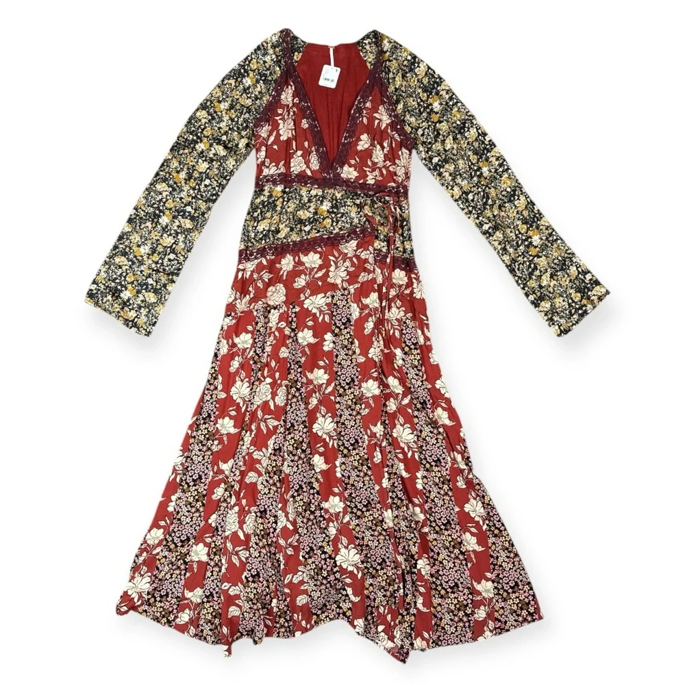 NWT FREE PEOPLE TILDA FLORAL PATCHWORK MAXI DRESS BOHO WRAP BELL SLEEVES SIZE L